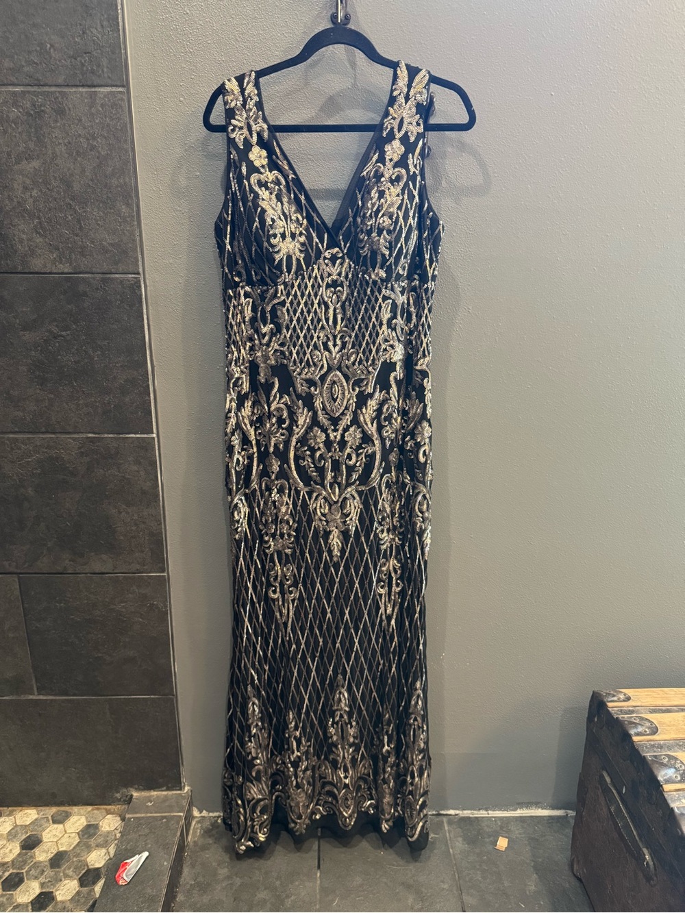 R&M Richards Black Maxi Dress with Gold Embroidery